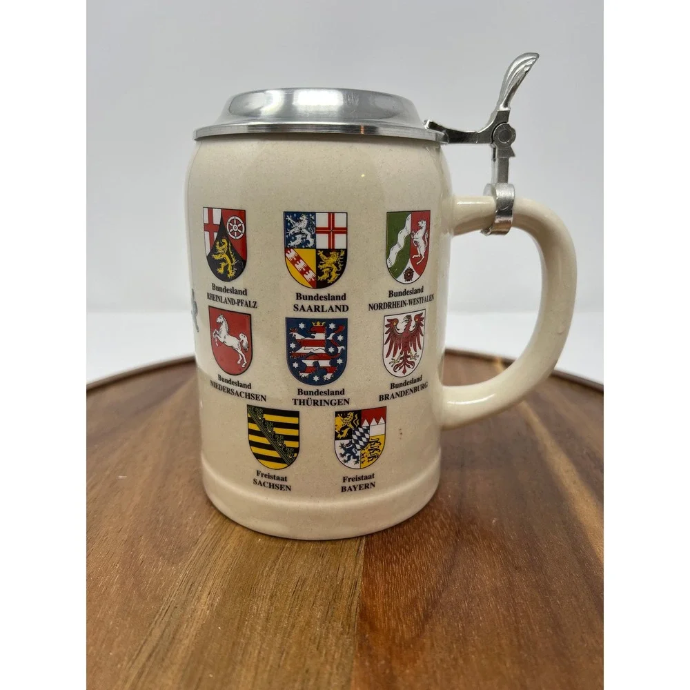 Beer Stein Hard Rock Ceramic with Pewter Lid German‎ Coat of Arms